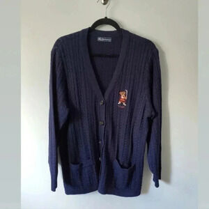 Vintage 90s Burberrys Thomas Bear Cable Knit Cardigan Navy Oversized Golf Bear
